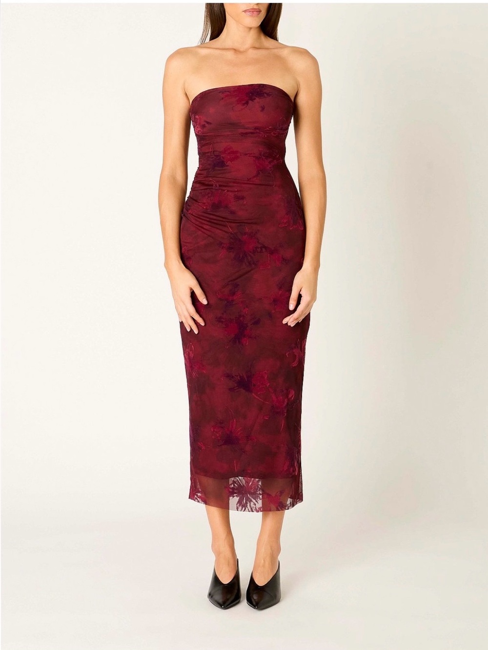 Strapless Burgundy Floral Midi Dress